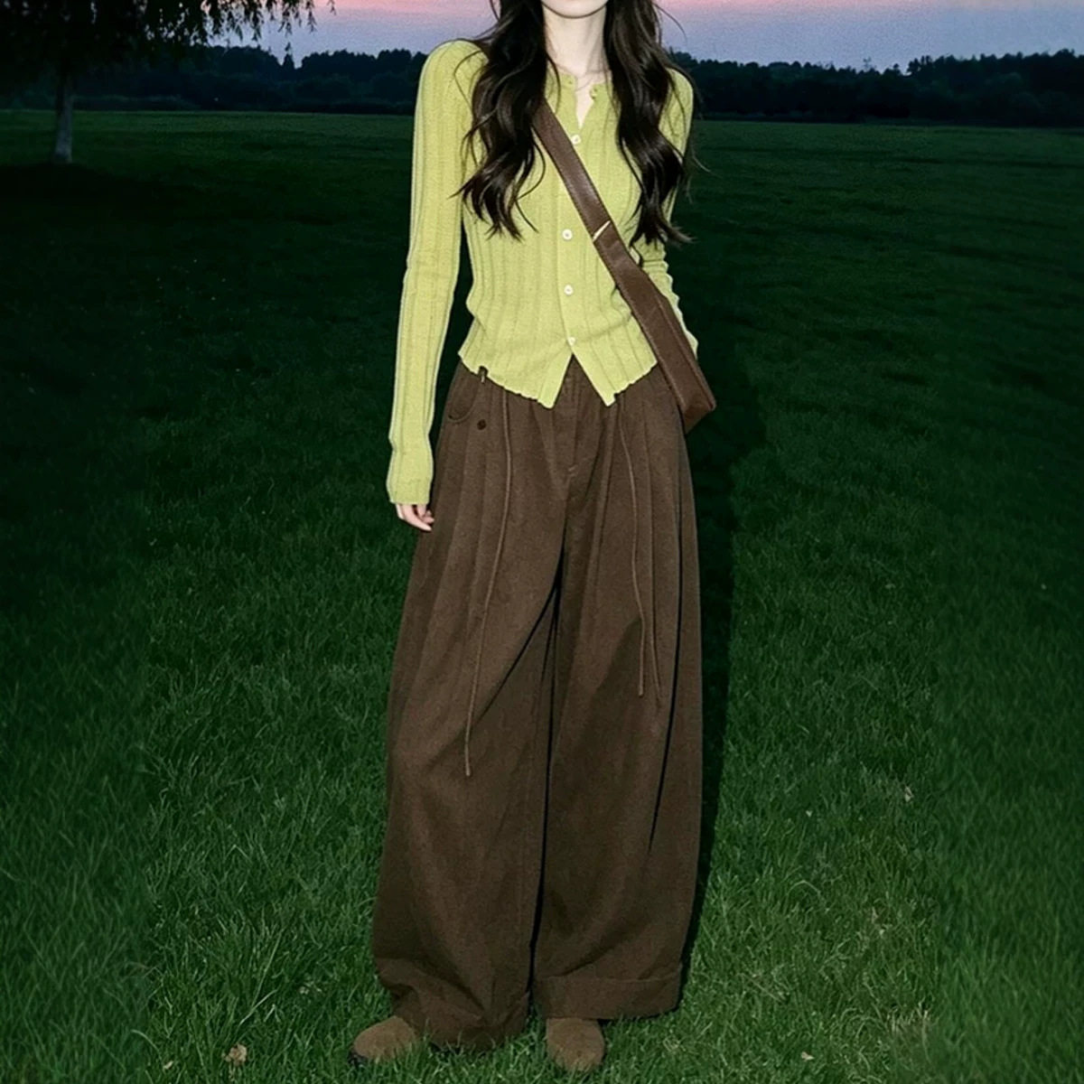 早秋季新款女装时髦松弛感韩系穿搭针织开衫毛衣阔腿裤子两件套装