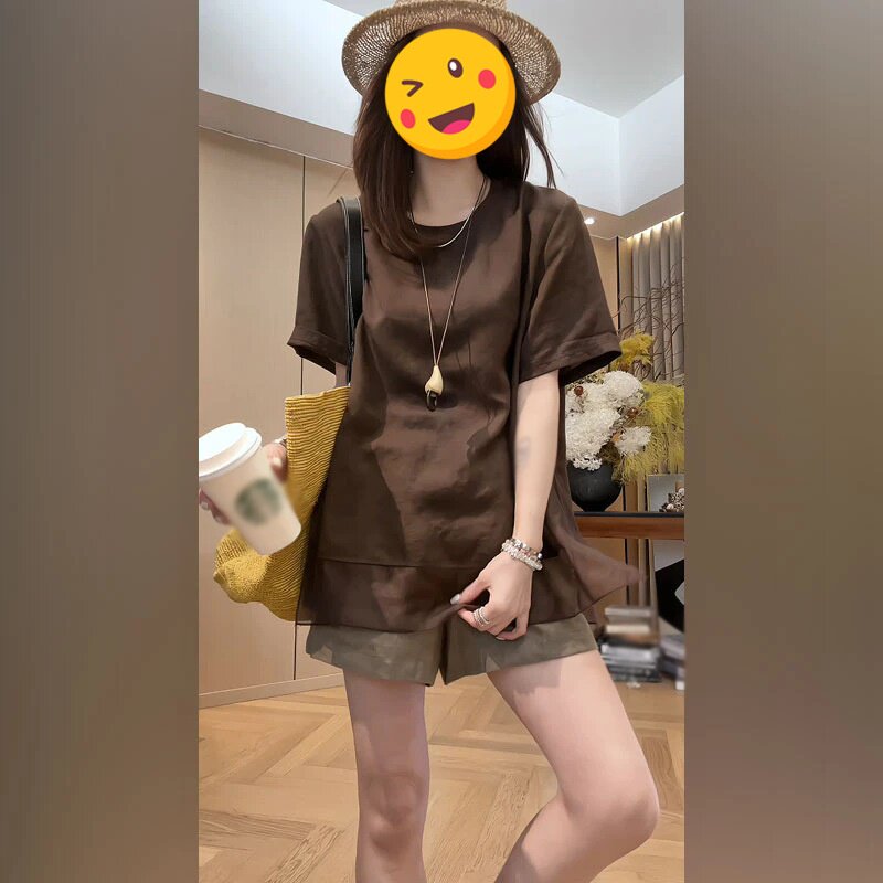单件/夏季时尚减龄风穿搭女网纱拼接开叉T恤搭蕾丝花边松紧腰短裤