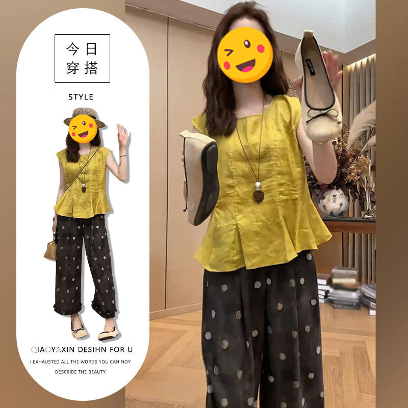 单件/港风显瘦装穿搭夏季新款时尚圆领百搭无袖上衣波点休闲裤潮