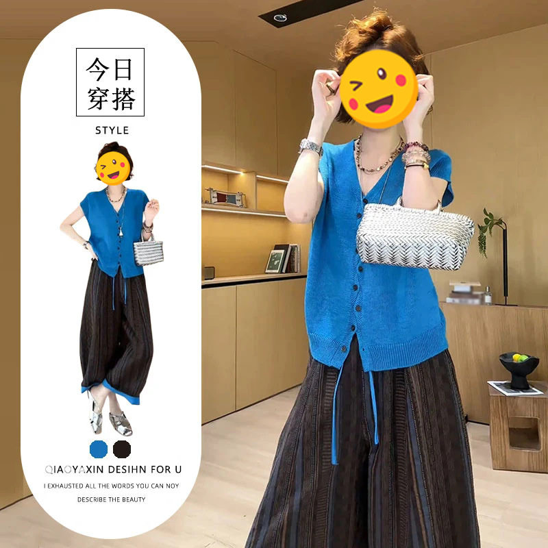 韩版宽松百搭两件套装夏季新款显气质单排扣蓝色上衣高腰休闲裤潮