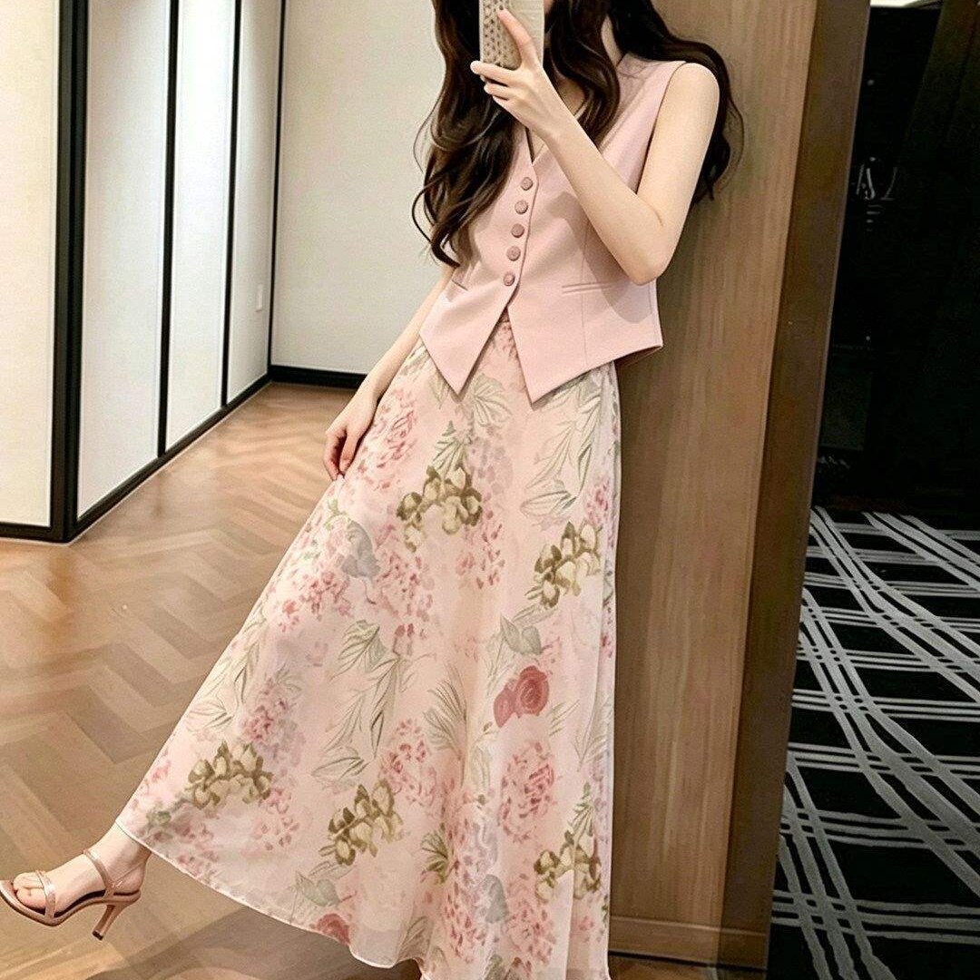 粉色马甲半身裙子两件套女2026夏季小个子感巨好看无袖一整套