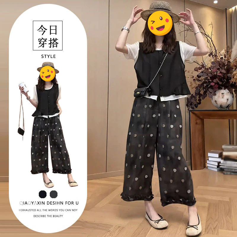 单件/独特漂亮夏设计感别致小众撞色拼接单排扣短袖上衣高腰裤子