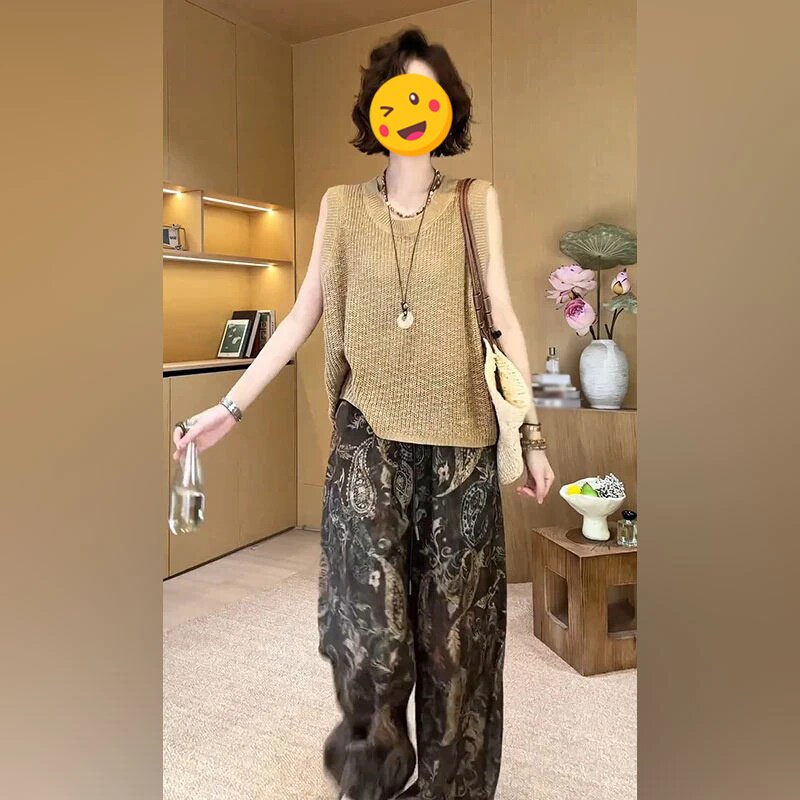 单件/港风显瘦装穿搭高级感别致针织无袖上衣搭配垂感印花阔腿裤
