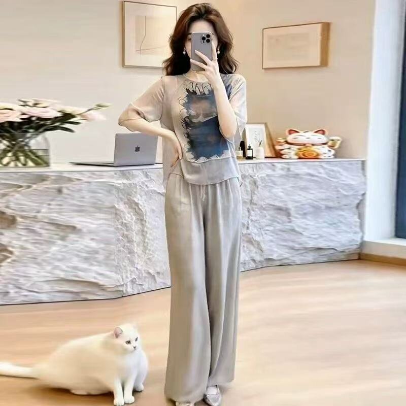 时尚休闲套装女夏季新款洋气显瘦圆领印花短袖上衣阔腿裤子两件套