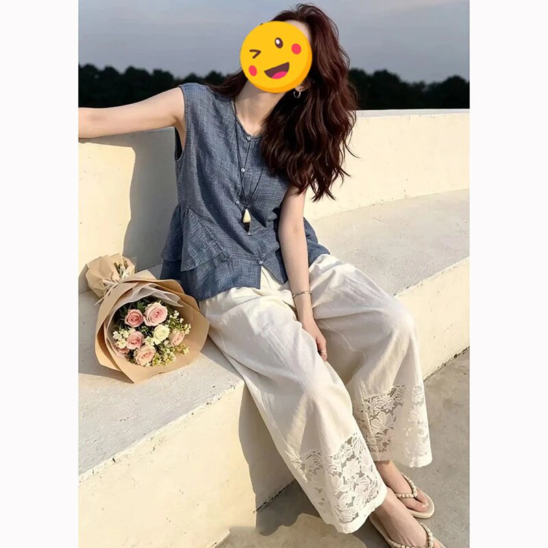 单件/柔美俏皮风装夏季新款设计感别致单排扣上衣高级感蕾丝裤子