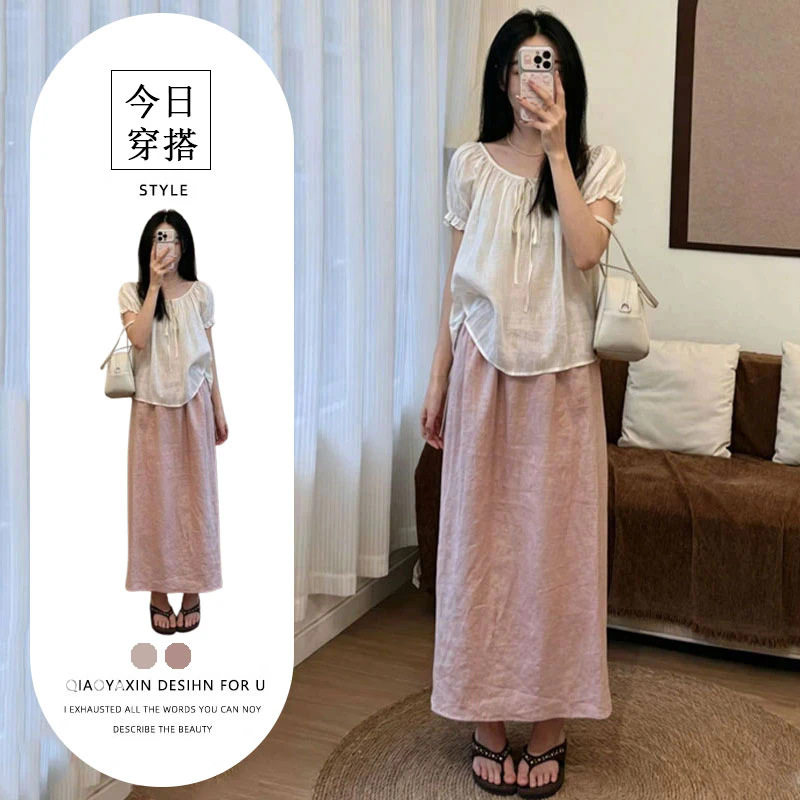 单件/清纯气质学院风女夏季温柔风别致蝴蝶结绑带上衣高腰半身裙