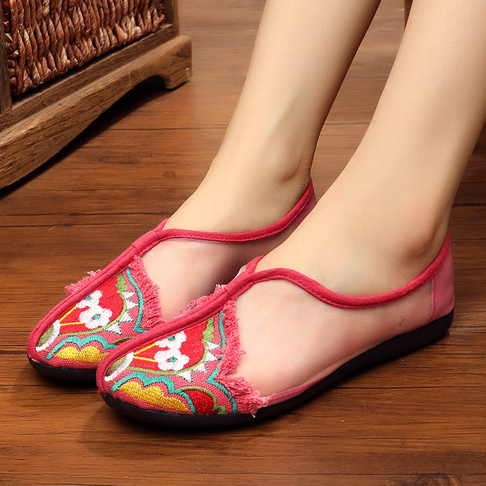 新款夏季網紗女單鞋平底民族風繡花鞋軟底帆布鞋舞蹈鞋套腳女涼鞋在類目 女鞋, 涼鞋中 - 來自Buy2taobao.com提供專業的淘寶代購服務
