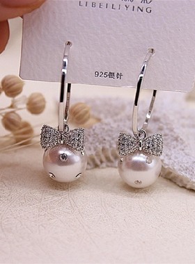 925银针珍珠蝴蝶结耳环女2024年新款轻奢耳钉小众设计高级感耳环