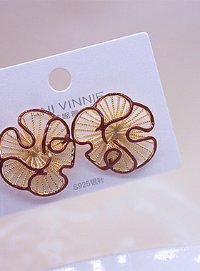 红色花朵耳饰法式复古高级感耳钉耳坠耳环银针新年新款女饰品潮流