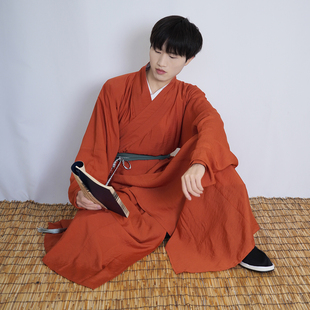 青山渐明制汉服交领直裰国风服饰素色仿麻窄袖交领长衫道袍春秋款