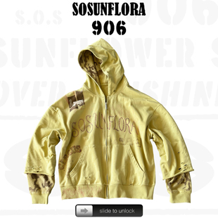 SOS废土风水洗炒色拉链卫衣重工烫钻假两件迷彩袖破坏连帽外套