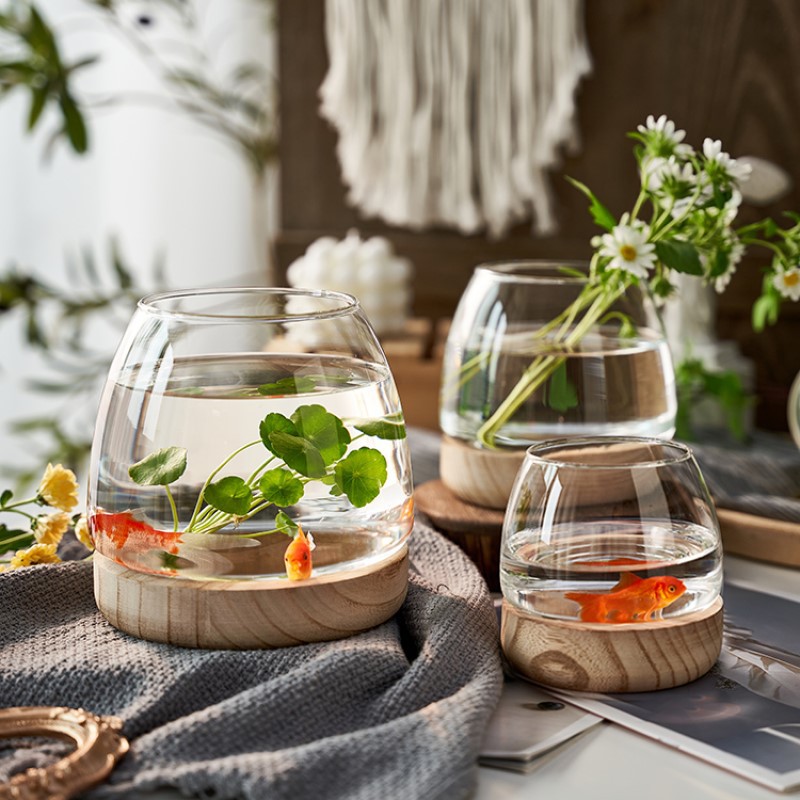 民宿复古木托透明玻璃花瓶绿萝水培植物生态鱼缸简约桌面插花摆件