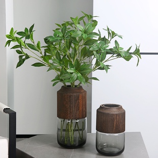 北欧 ins轻奢简约玻璃花瓶实木底座烟灰色透明花艺家居插花摆件