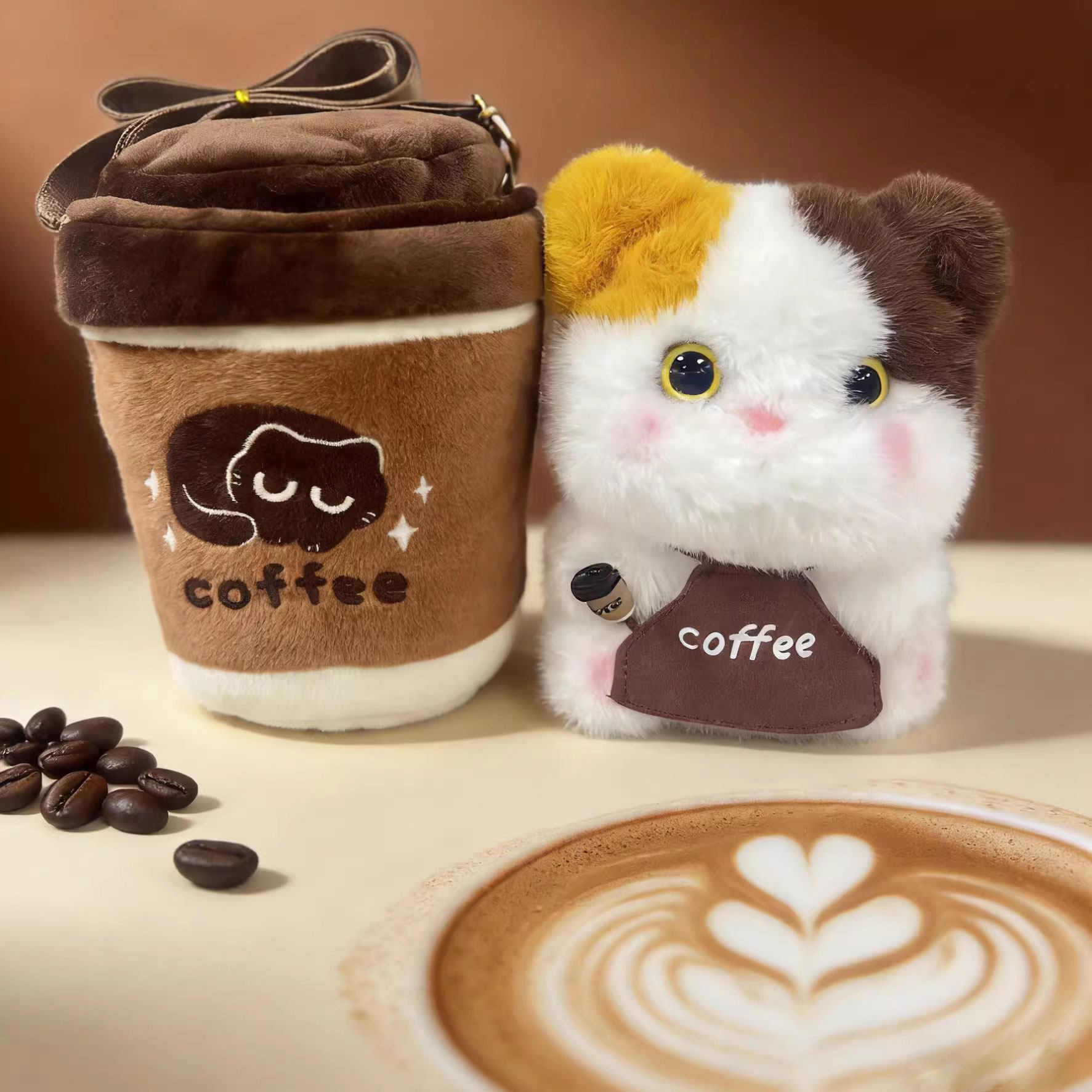 新款萌趣咖啡杯毛绒猫咪公仔玩偶星巴克杯小猫毛绒玩具女生日礼物