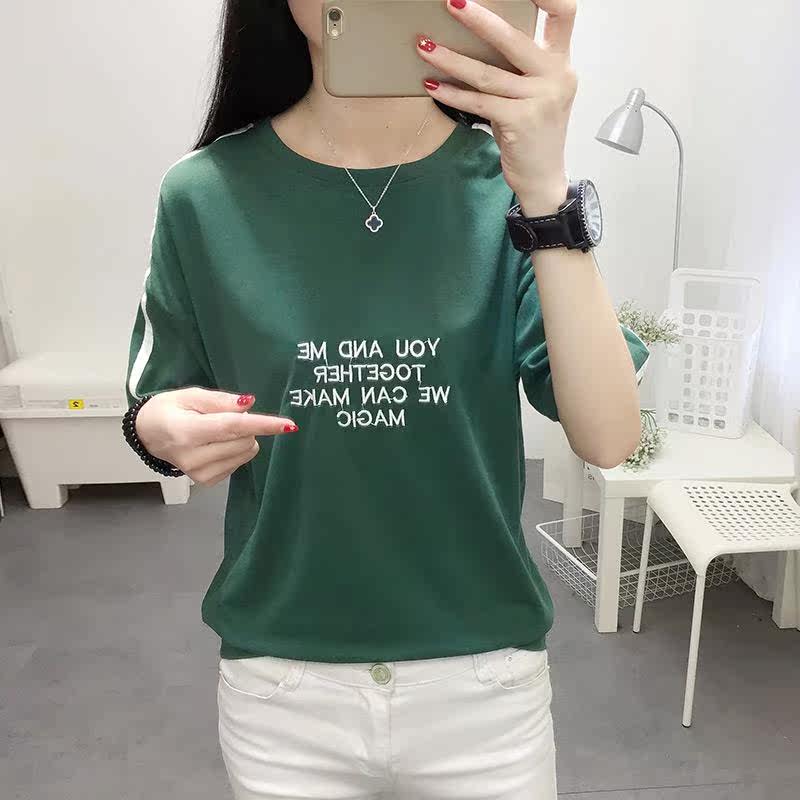 新款T恤女2019韩范学生简约字母刺绣宽松短袖体恤衫纯棉条纹上衣|ruв категории Женская одежда, футболка - от Buy2taobao.com для оказания профессиональной услуги покупки агента Taobao