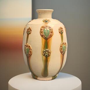 仿古陶瓷瓶巩县窑三彩雕花瓶陶罐古典家居饰品宾馆酒店装饰艺术品