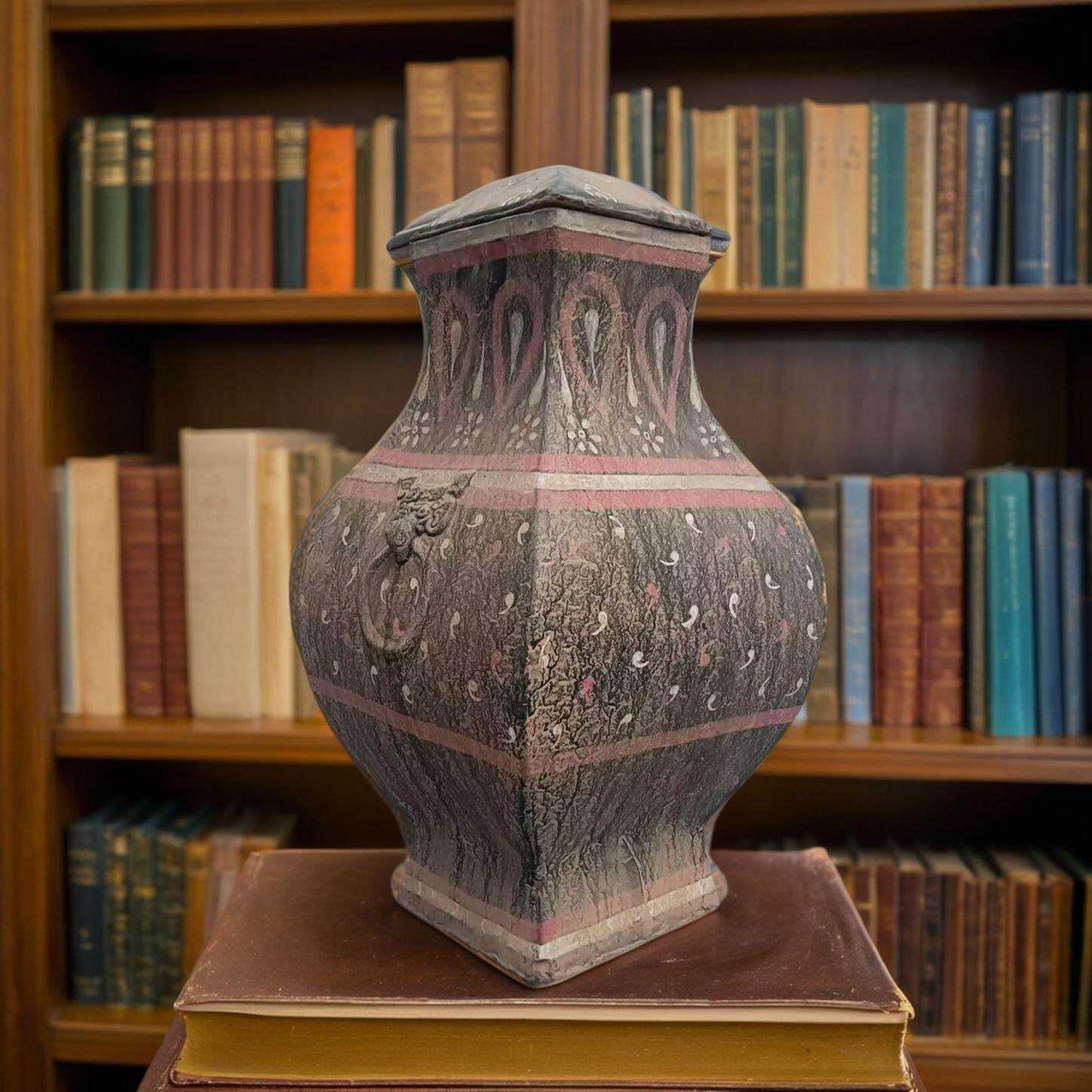 古典家居饰品汉代陶器彩绘方壶方瓶仿古艺术品古玩陶土陶罐工艺品