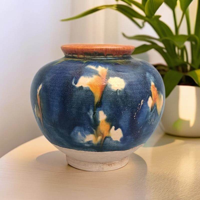 仿古陶瓷罐摆件点彩花瓣蓝釉罐瓷器陶器艺术品酒店办公室装饰礼品
