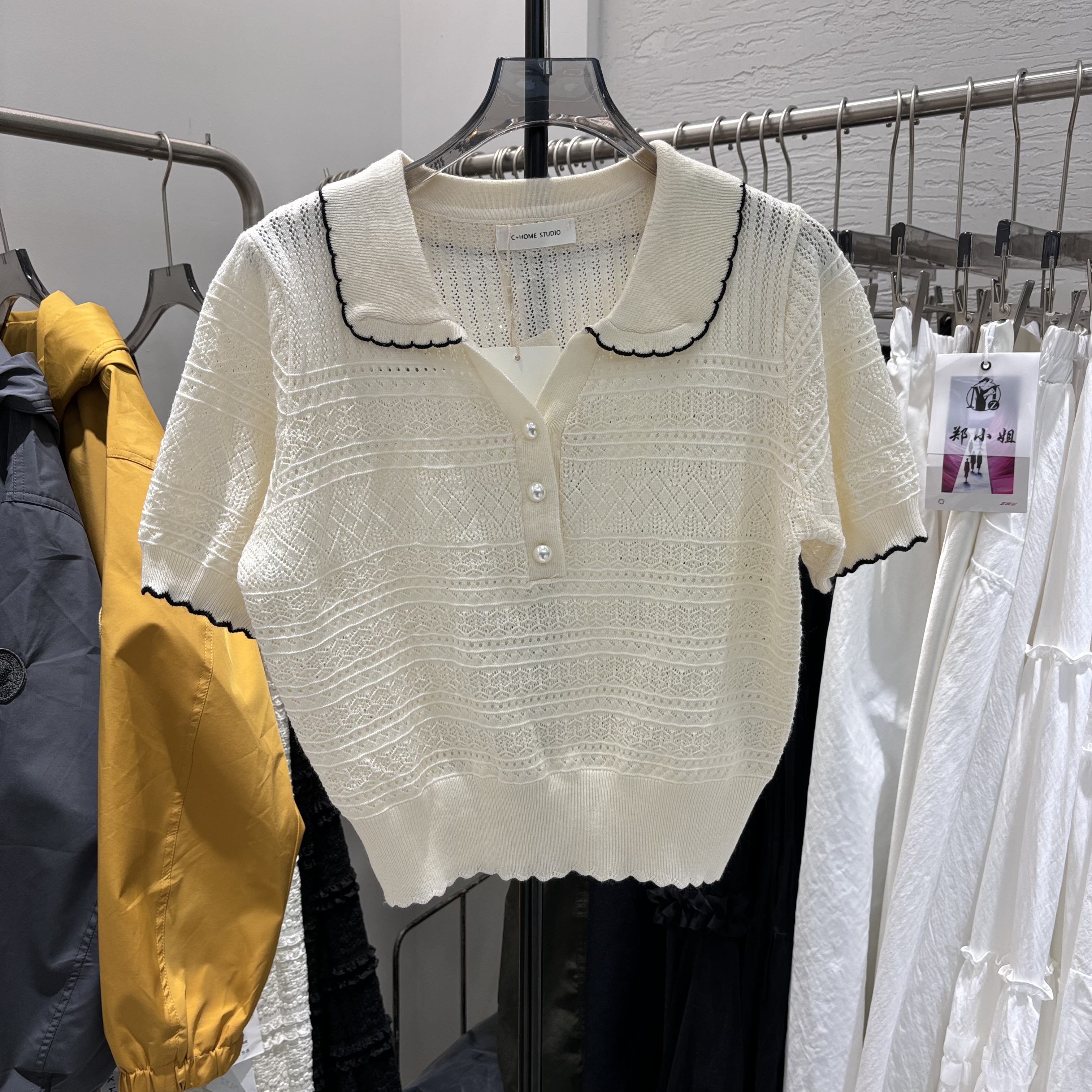 法式娃娃领短袖t恤女夏季2026新款设计感冰丝镂空针织衫洋气上衣