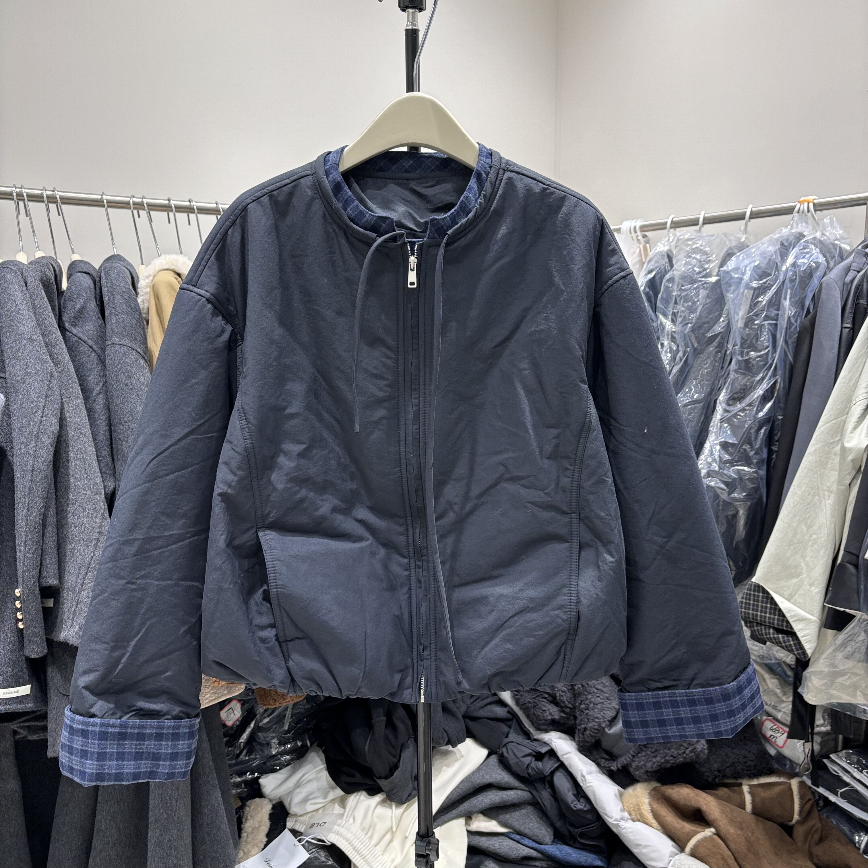 韩国秋冬装系带拼色圆领宽松休闲棉服女格子袖口松紧收腰外套