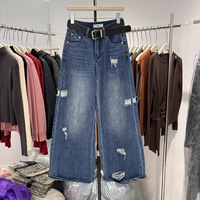 韩系2026夏季新款高腰宽松破洞设计垂感休闲直筒牛仔裤女S3693-1