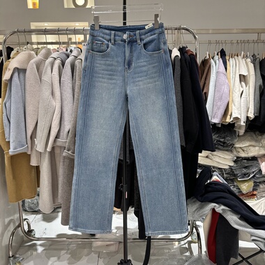 阿丁角2025高腰窄版阔腿复合绒直筒牛仔裤洋气显瘦保暖长裤25520