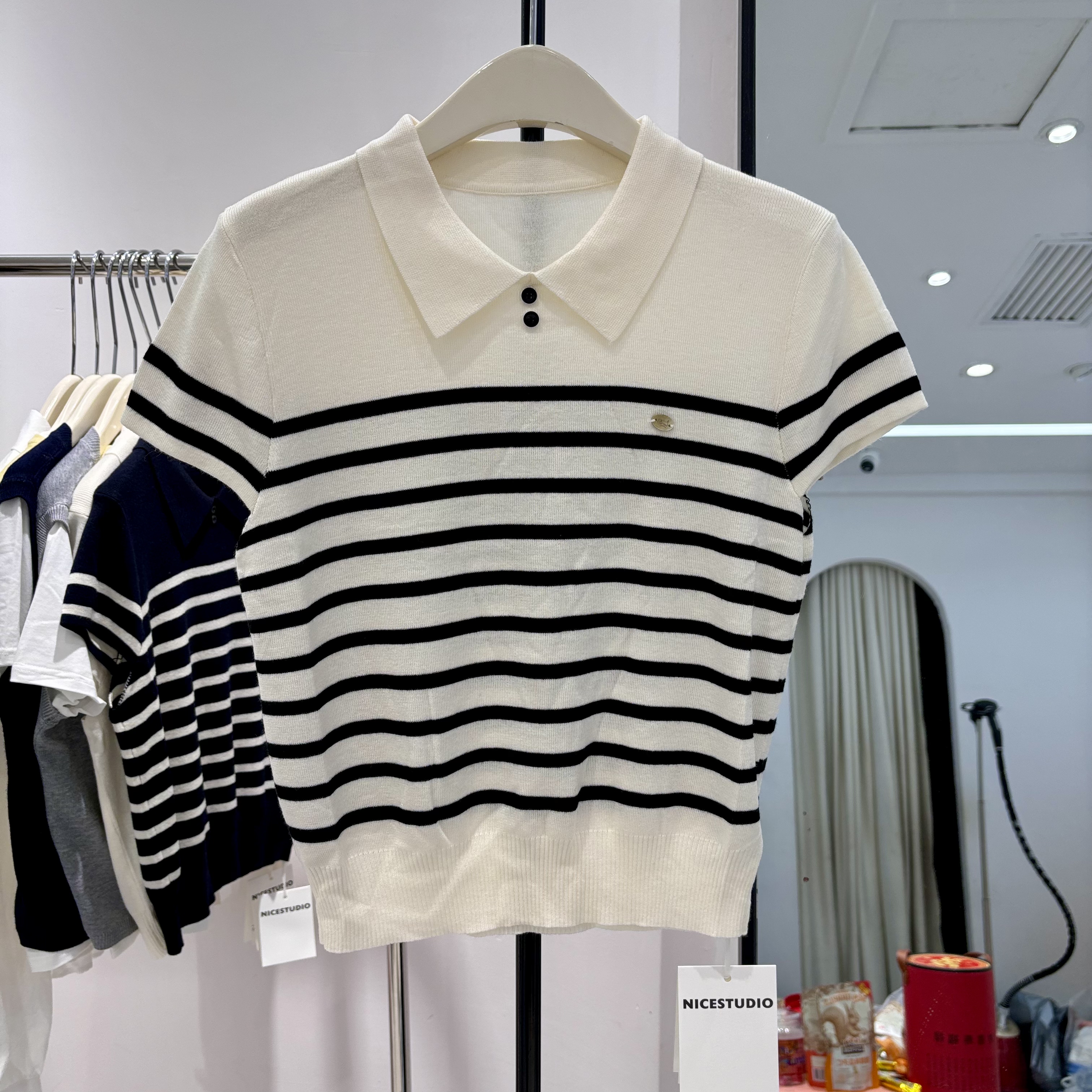 欧货高端白色polo条纹针织短袖T恤女2026夏季新款冰丝上衣潮