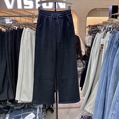 2025秋冬韩版时尚气质显瘦松紧腰抽绳加绒直筒裤女休闲阔腿裤5812