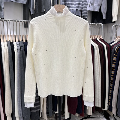 欧货设计感蕾丝花边拼接镶钻修身显瘦内搭细羊毛针织打底衫上衣女