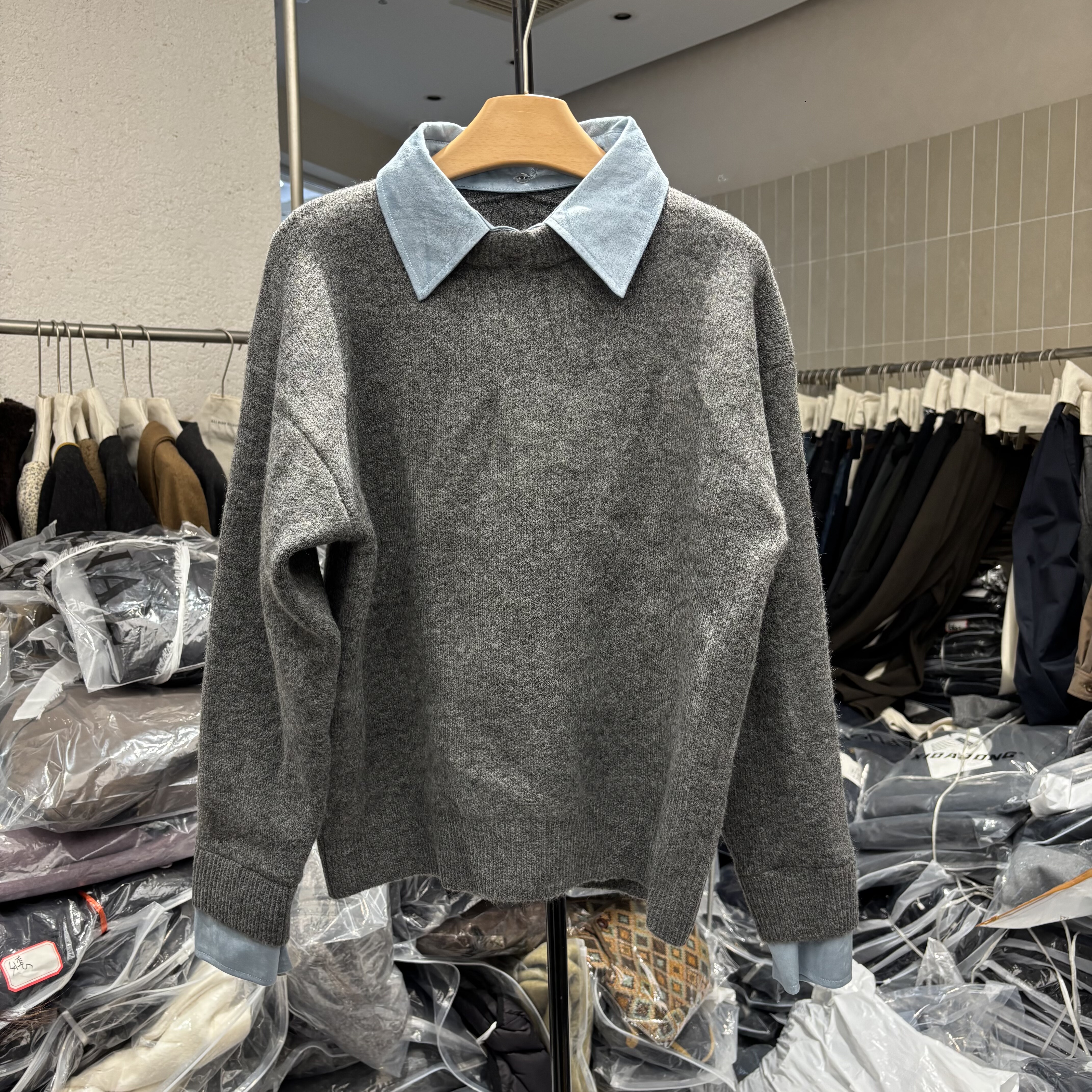 2025秋冬款韩版拼接翻领长袖拼接假两件针织衫女百搭上衣潮66036