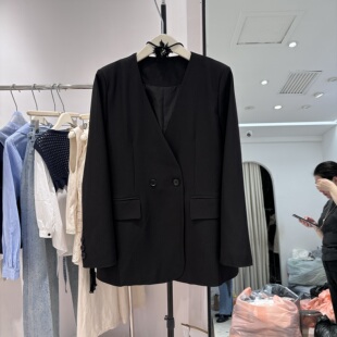 欧洲站2026春新款 外套女2606 欧货韩系V领单排扣宽松休闲纯色西装