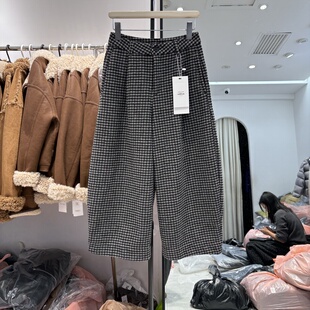气球裤 女冬2025阔腿显瘦弯刀奶奶裤 36566 九分毛呢裤 GMS加绒格子裤
