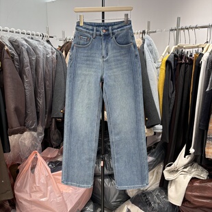 阿丁角25220 阔腿裤 神级糯感加绒保暖直筒牛仔裤 弹力高腰显瘦窄版