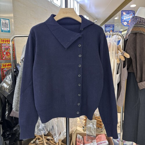 韩系时尚半高领斜襟针织开衫女秋冬宽松洋气软糯百搭毛衣外套8523