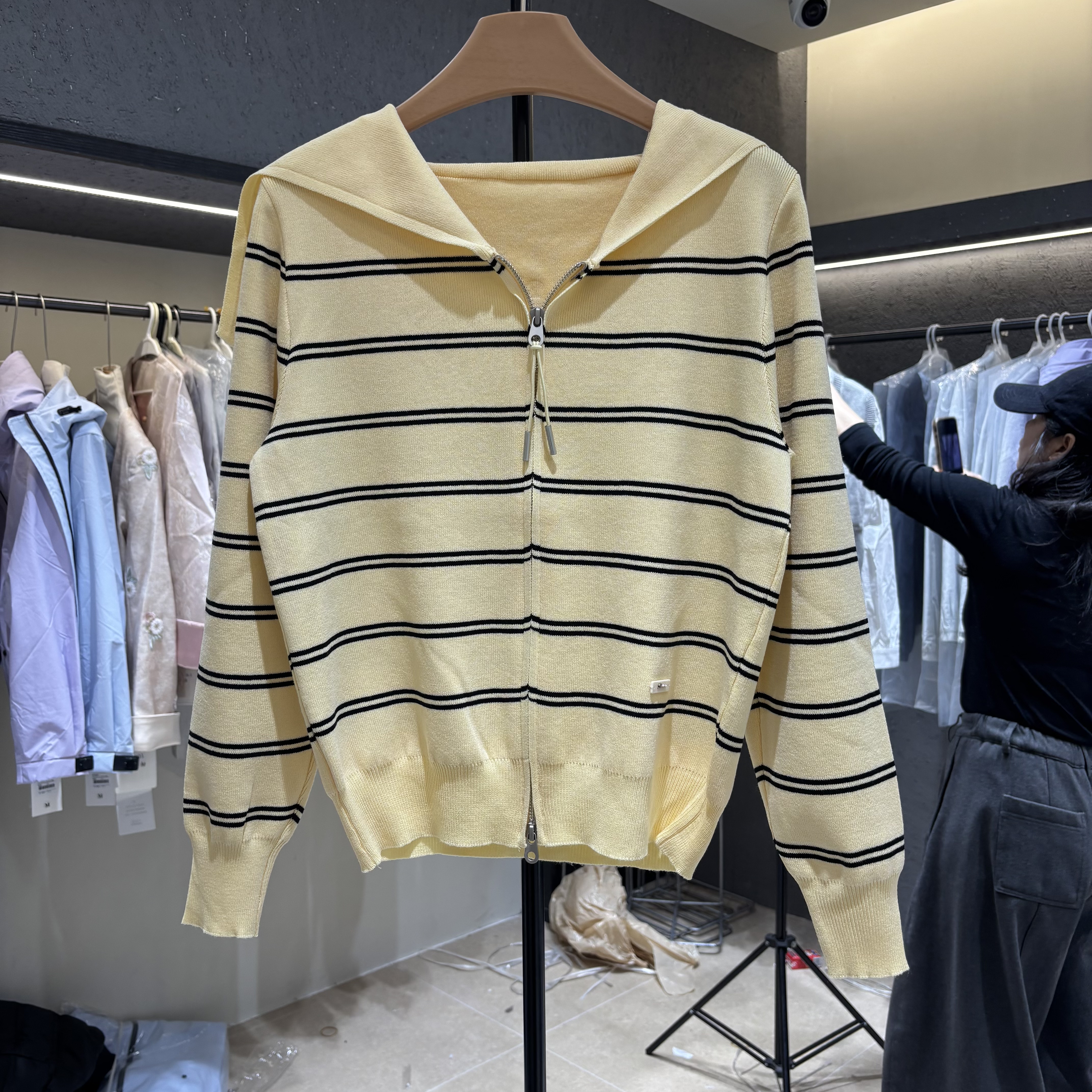 韩系条纹针织开衫女2026春款慵懒风撞色宽松百搭海军领针织衫7506