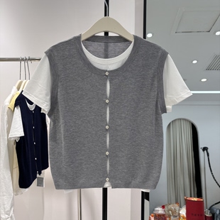 针织衫 韩国2026春季 百搭圆领设计感扣子假两件针织短袖 时尚 女 新款
