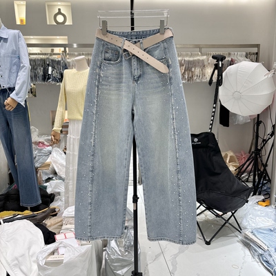 XOXO66007爆款2026春季新款爆钻爆闪牛仔裤女高腰显瘦阔腿牛仔裤
