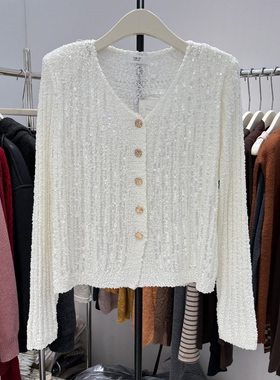 TAB2026新V领针织亮片时尚百搭简约单排扣毛织开衫上衣6055