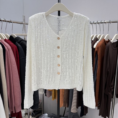 TAB2026新V领针织亮片时尚百搭简约单排扣毛织开衫上衣6055