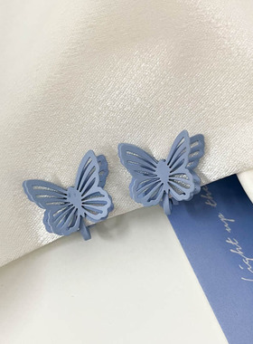 有耳夹超仙气质百搭立体蓝色蝴蝶耳饰小巧甜美耳夹