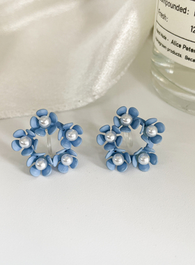 有耳夹小众设计感镂空蓝色花环耳夹百搭ins花朵耳饰