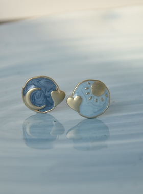 有耳夹小众创意复古蓝色S925银针星星太阳少女心AB款无耳洞耳饰