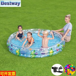 bestway透明海洋动物充气泳池3环圆形小号幼儿园戏水池爬行钓鱼池