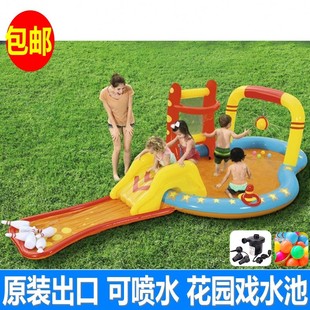 大号儿童别墅充气游泳池 bestway可喷水滑梯戏水池 趣味保龄球池