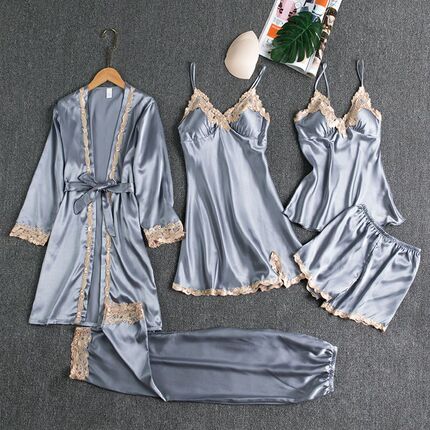 Pajamas Spring and Autumn Women's Five-Piece Set 2025 New Style Summer Sexy Nightgown Robe Long-Sleeved Home Wear
