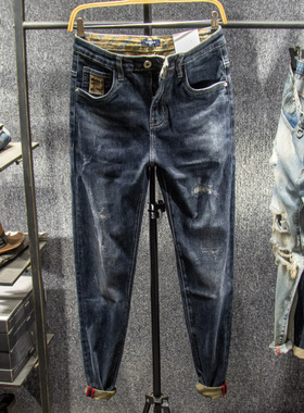 三古木棉 补丁裤子男痞帅长裤春秋季潮牌ins破洞牛仔裤男修身小脚