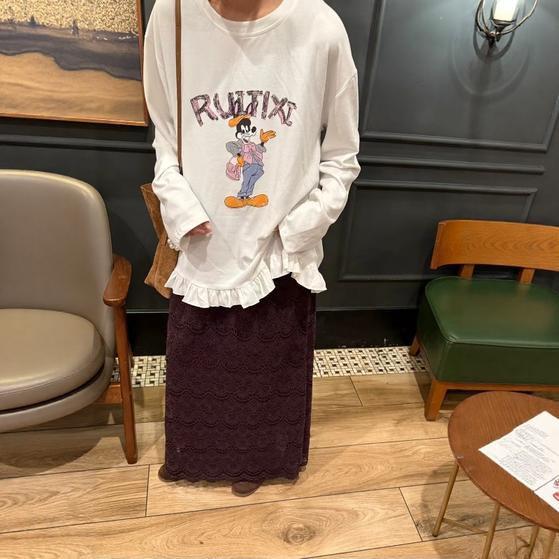 2025秋冬新款韩版卡通印花长袖T恤女圆领荷叶边减龄百搭休闲上衣