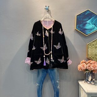新中式刺绣大码女装外套蝴蝶冬季新品丝绒外套