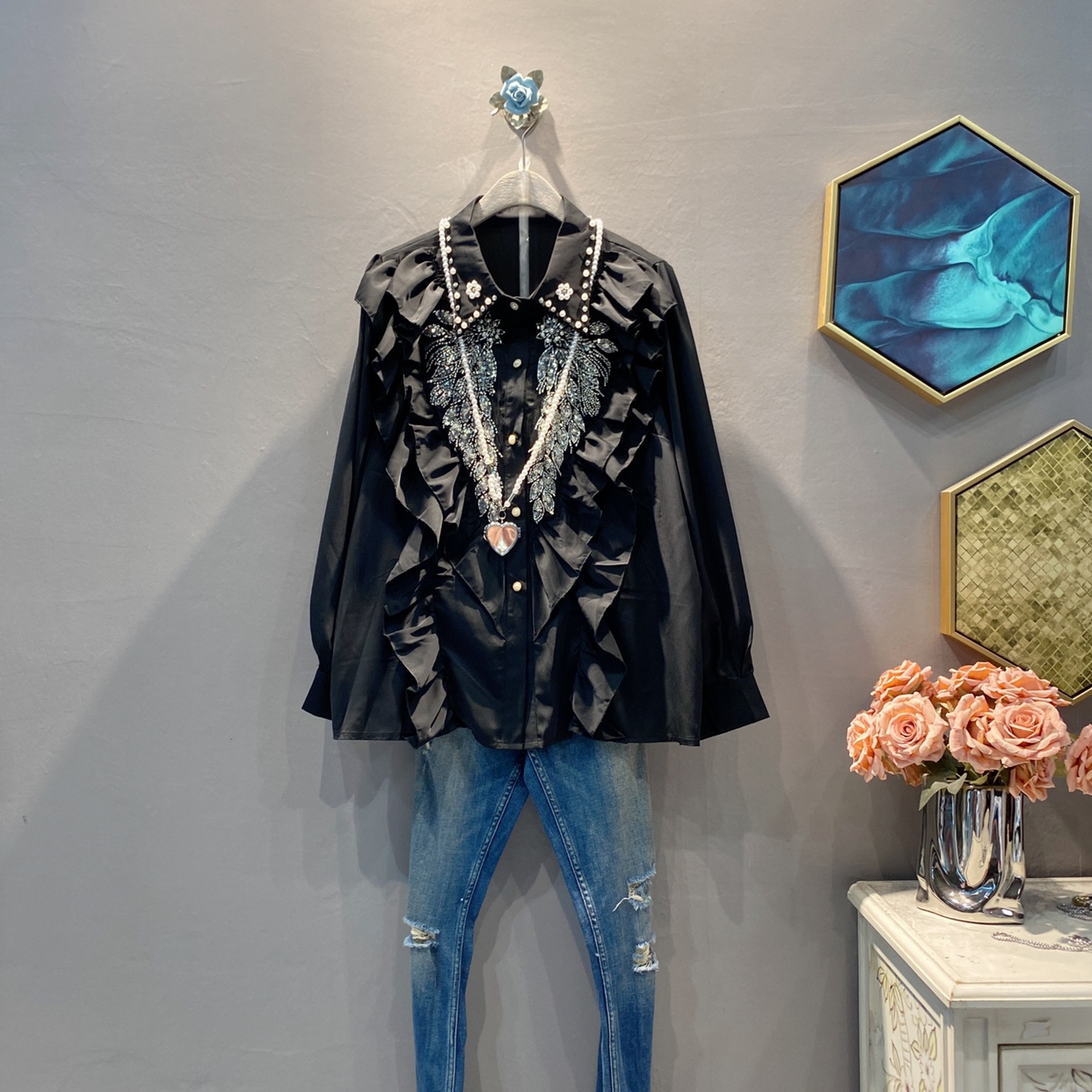 2024年秋冬新品衬衫钉珠木耳荷叶花边衬衫韩版气质显瘦