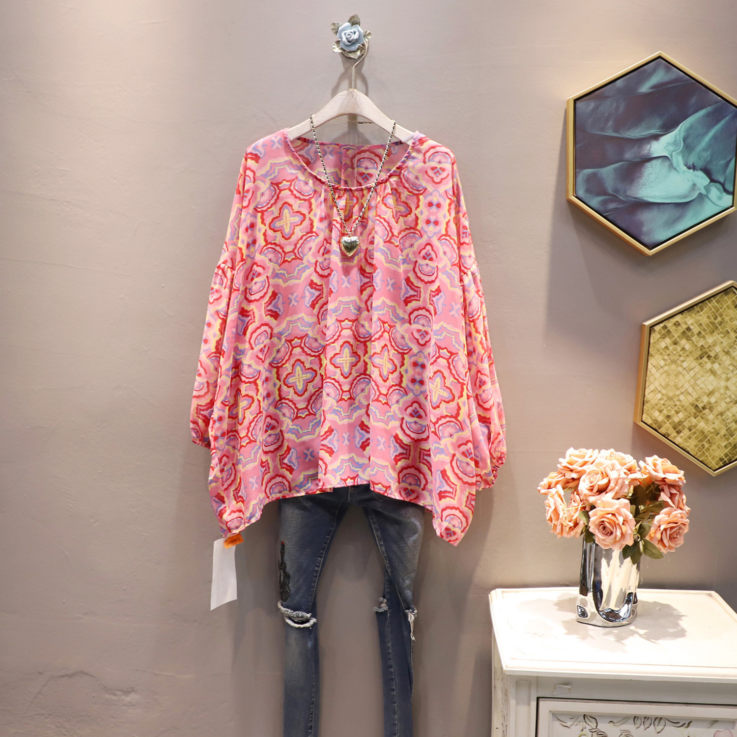 圆领短袖雪纺衫胖MM套头上衣